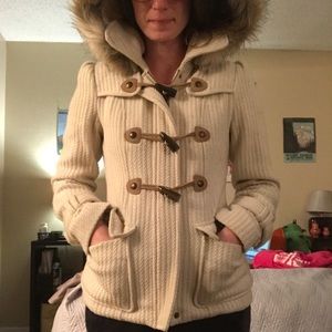Guess Cream Toggle Winter Pea Coat w/Faux Fur Hood